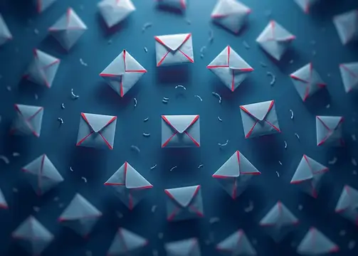 3D-рендер множества бумажных конвертов с красной окантовкой на синем фоне