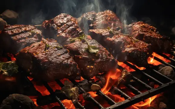 Сочные куски мяса с травами жарятся на решётке над раскалёнными углями