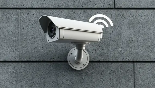 Белая уличная камера видеонаблюдения с Wi-Fi на серой стене