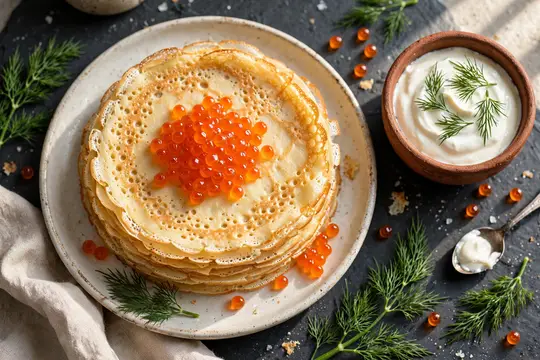 Стопка блинов с красной икрой и миска сметаны на тёмном столе