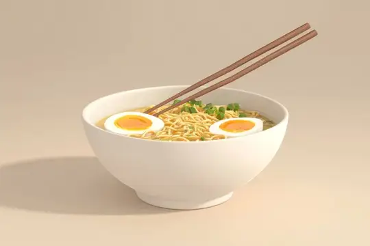 3D-рендер аппетитной лапши с яйцом и палочками