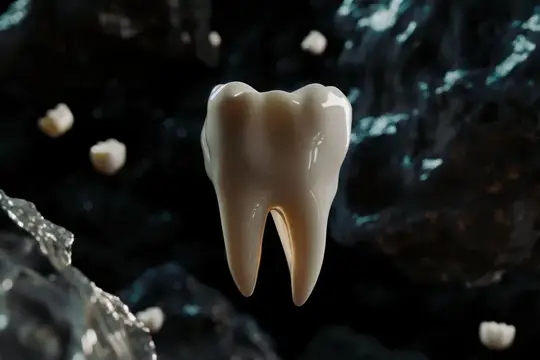 3D-рендер белого зуба на фоне тёмных камней