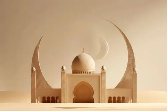 3D-рендер мечети с полумесяцем в песке