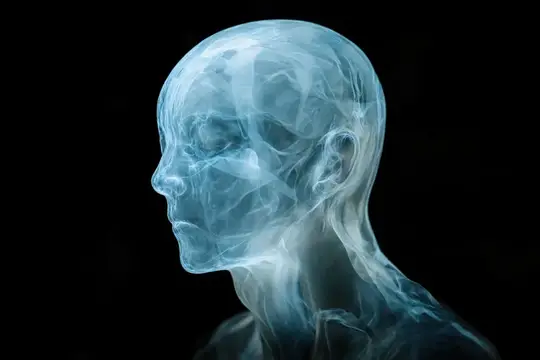 3D-рендер прозрачной головы человека в профиль на чёрном фоне