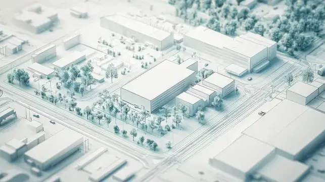 3D-рендер макета городского квартала с белыми зданиями и деревьями
