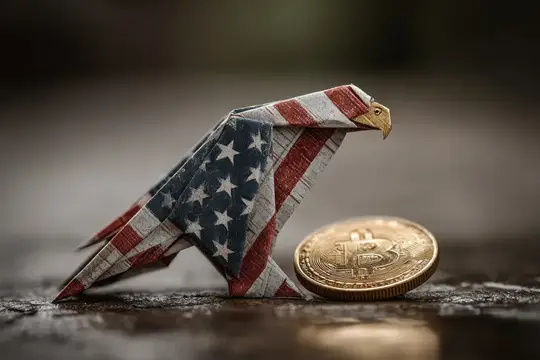 Оригами-орёл из флага США рядом с золотой биткоин-монетой