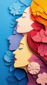 Яркая иллюстрация в технике бумажного вырезания, изображающая женские профили, переплетенные с цветочными элементами, символизирующая красоту, женственность и природу в красочной композиции