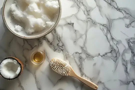 Безмятежная плоская раскладка с мякотью кокоса, маслом и кистью на стильной мраморной поверхности, вызывающая ощущение натуральной красоты