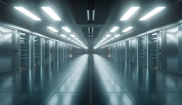 3D-рендер симметричного коридора дата-центра с серверными стойками