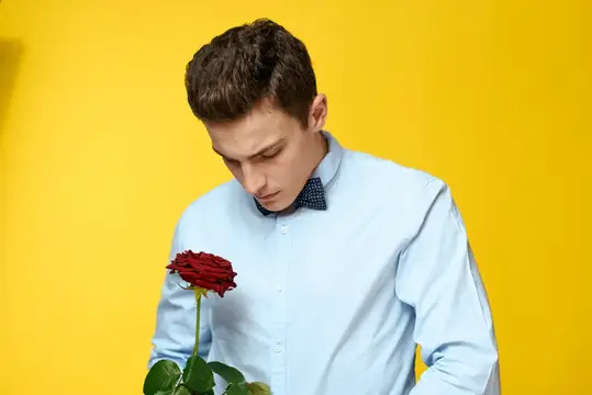 Джентльмен в рубашке и бабочке на шее, желтый фон, красная роза