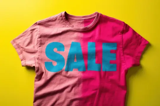 Стильная розово-синяя футболка с табличкой «Sale» на желтом фоне для темы моды и распродажи