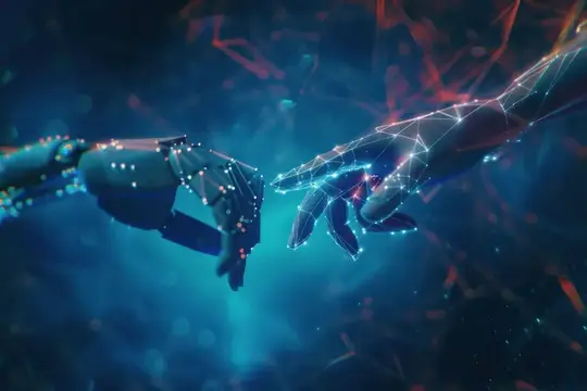 3D-рендер двух тянущихся друг к другу рук из светящихся точек