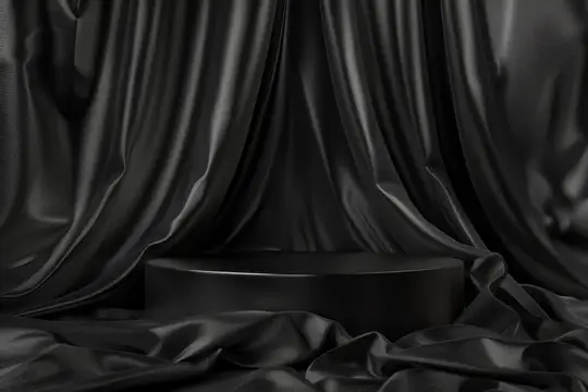 3D-рендер чёрного подиума на фоне драпированной ткани