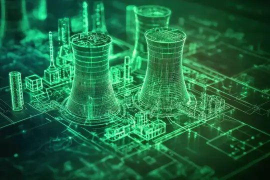 3D-рендер электростанции в виде зелёной голограммы на схеме