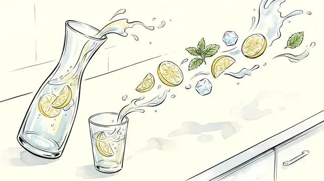 Иллюстрация с льющейся водой из кувшина с лимоном и мятой