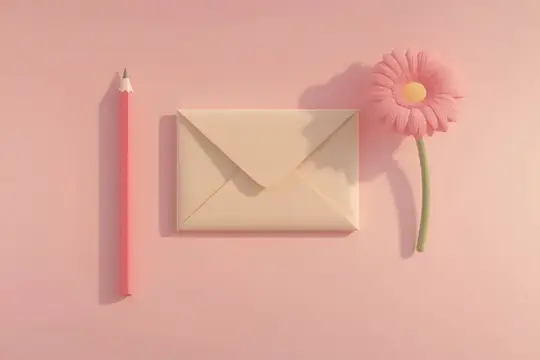 3D-рендер с розовым конвертом, карандашом и цветком на нежном фоне
