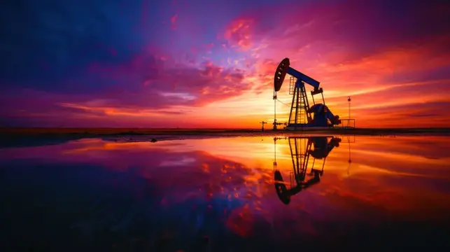 Нефтяная качалка на фоне пурпурного заката и её отражение в воде