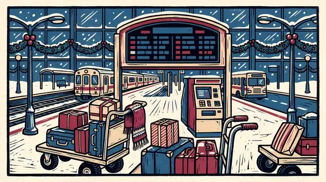 Транспортный узел в праздничный сезон, выполненный в стиле ручной резьбы по линолеуму: тележки для багажа, билетный киоск, табло маршрутов, железнодорожная платформа и зимние дорожные детали для…