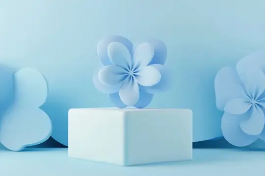 3D-рендер с бумажными цветами на подиуме в голубых тонах