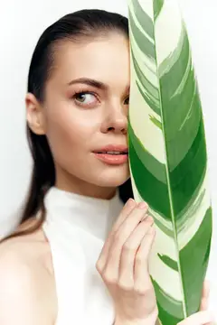Молодая женщина с зелёным листом у лица на белом фоне