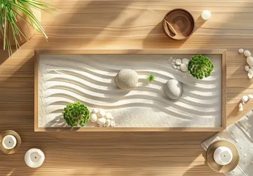 Мини-сад дзен с камнями и мхом на деревянном столе