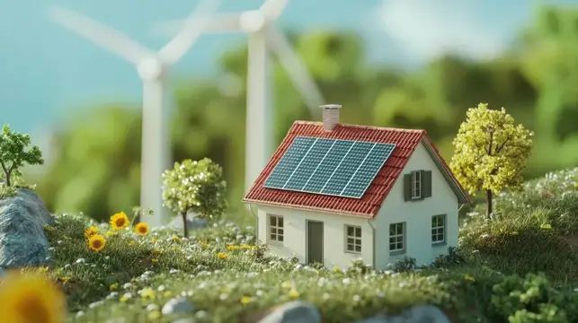 3D-рендер домика с солнечными панелями среди зелени и ветряков
