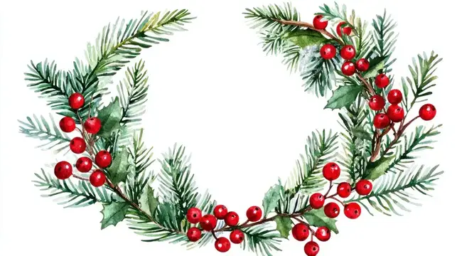 Акварельный рождественский венок из еловых веток с красными ягодами