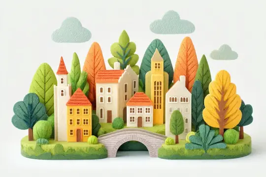 3D-иллюстрация уютного городка с домиками, деревьями и мостом