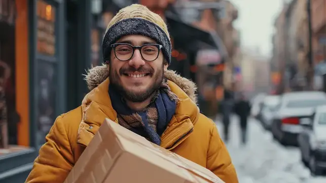 Счастливый, уверенный в себе белый мужчина-курьер с бородой держит посылку на современной городской улице