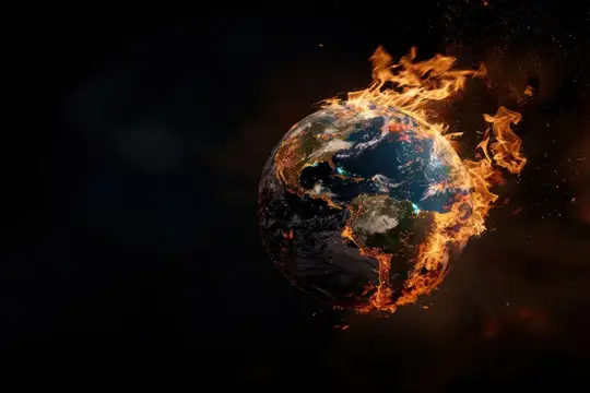 3D-рендер планеты Земля, охваченной огнём в космосе