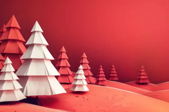 3D-рендер зимнего пейзажа с белыми и красными ёлками