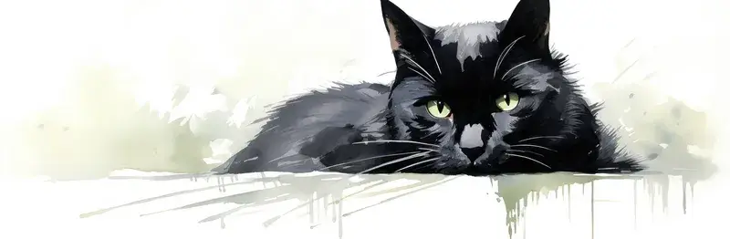 Акварельная иллюстрация лежащего чёрного кота с зелёными глазами
