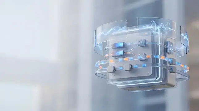 Реалистичная 3D-технологическая сцена, показывающая модули безопасного обмена сообщениями и связи устройств с открытым свободным пространством