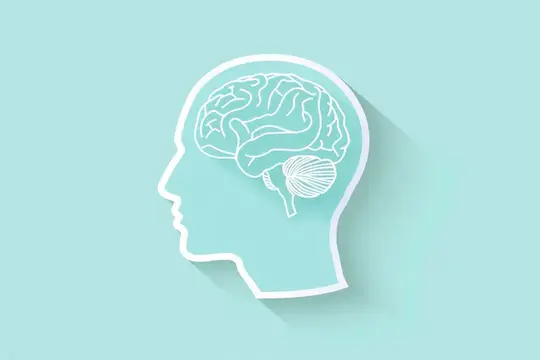 Белый контур головы с мозгом на бирюзовом фоне