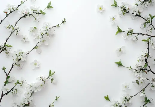 Ветки цветущей вишни с белыми цветами на светлом фоне