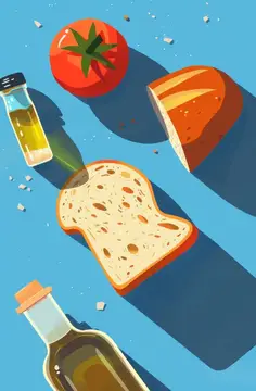 Яркая композиция с нарезанным хлебом, спелым помидором и бутылкой оливкового масла, идеально подходящая для кулинарных и гастрономических тем
