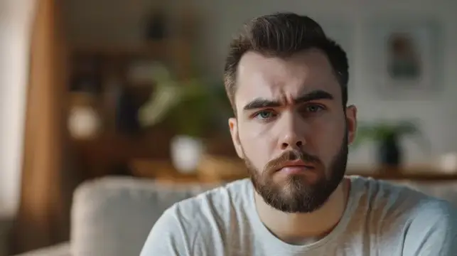 Задумчивый бородатый мужчина смотрит прямо в камеру