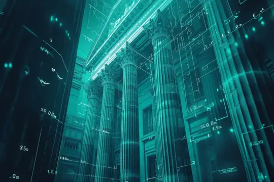 Футуристический 3D-рендер античных колонн в бирюзовых цифровых схемах