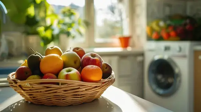 Яркая композиция из яблок, апельсинов и груш в плетеной корзине на светлом кухонном фоне