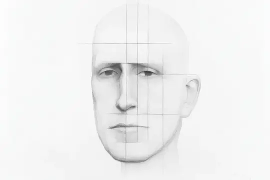 Карандашный рисунок лица мужчины с разметкой пропорций