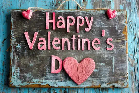 Розовые буквы и сердечки на деревянной доске с надписью Happy Valentine's
