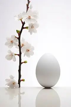 Ветка белых цветов и белое яйцо на светлом фоне