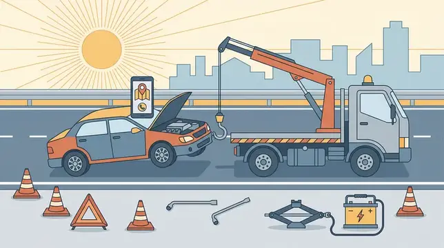 Иллюстрация эвакуации сломавшегося автомобиля с помощью эвакуатора
