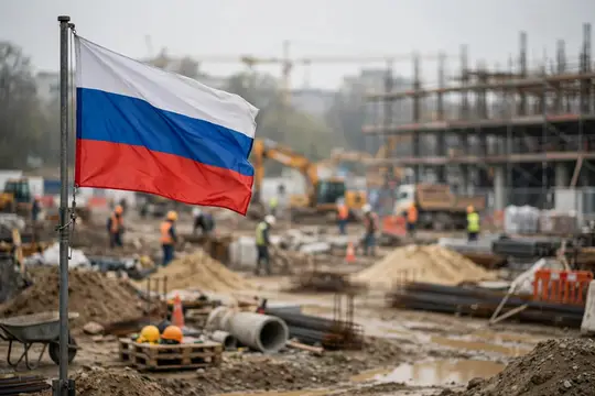 Российский флаг на фоне стройки с рабочими и техникой