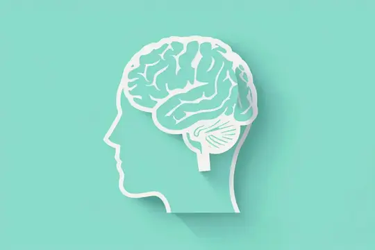 Простое графическое изображение силуэта человеческой головы с наложением мозга в светло-бирюзовых тонах