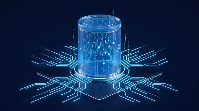3D-рендер светящегося цилиндра с данными на фоне микросхемы