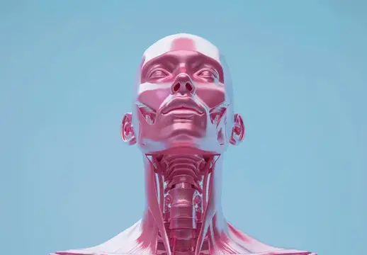 3D-рендер розовой металлической головы робота на голубом фоне