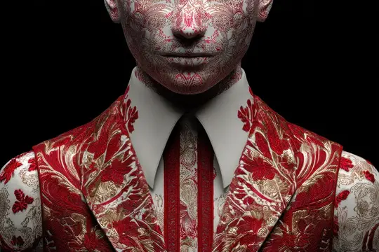 Мрачный студийный снимок, исследующий элегантность и тайну, с драматическим освещением, подчеркивающим красную парчу и бледное кружево, приглашающий к размышлениям об идентичности, искусстве и…