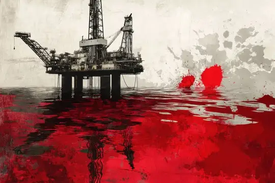 Иллюстрация нефтяной платформы в море с кроваво-красными разливами