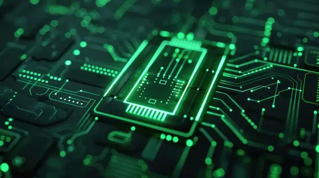 3D-рендер микросхемы с зелёной подсветкой на плате